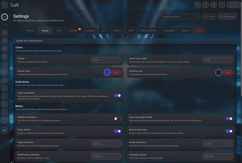 SoAI appearance settings with a cyan accent and wallpaper